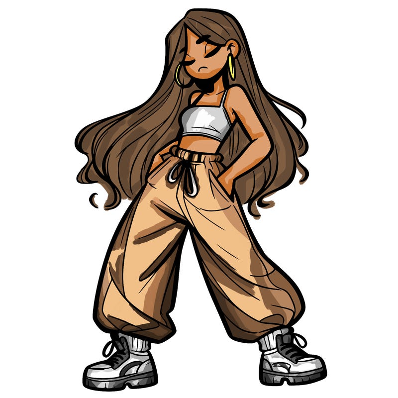 girl in baggy pants crop top and long hair