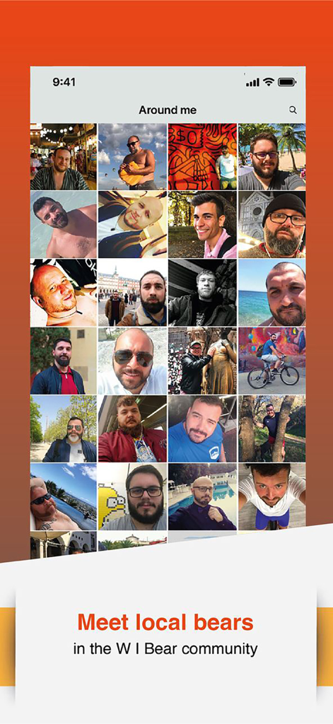 Una griglia di immagini del profilo di uomini locali nell'app della comunità W Bear
