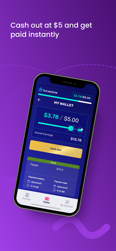 Surveytime app My Wallet interface showing earnings progress and a five dollar instant cash out threshold