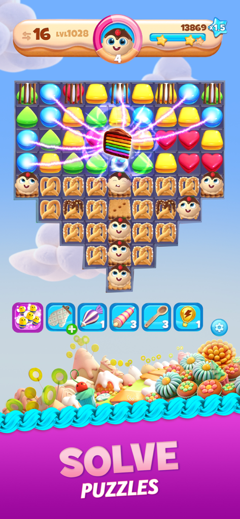 Gameplay screenshot of Cookie Jam Blast showing a match 3 puzzle with colorful cookies and desserts.