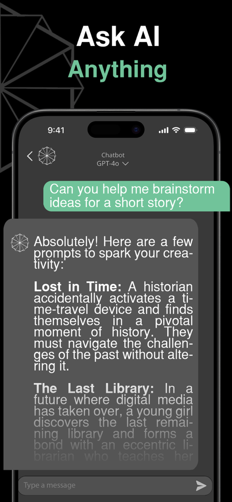 ChatAI - RAG & AI Agents - Interface do aplicativo móvel ChatAI mostrando um assistente de IA gerando sugestões criativas para contos