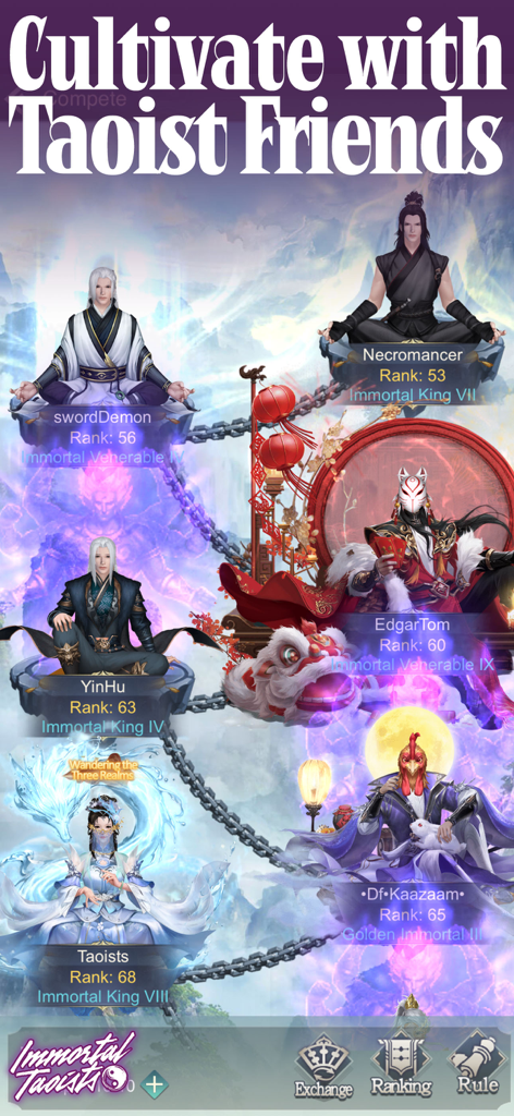 Immortal Taoists-MUD Wuxia - A display of multiple Taoist characters and their respective cultivation ranks in the Immortal Taoists game.