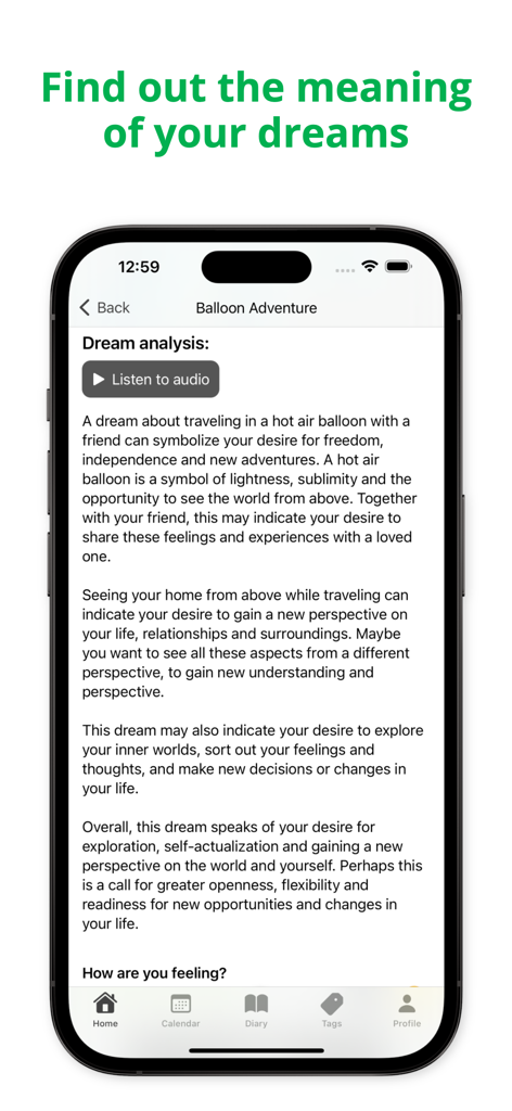 A smartphone screen showing the Mila app providing a detailed AI dream analysis of a hot air balloon adventure.