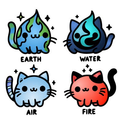 4 cats that represent the different elements, earth, water, air, and fire