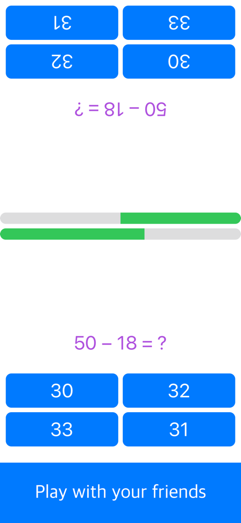 Math Games - Mental Arithmetic - Vista de pantalla dividida de un duelo matemático para dos jugadores que muestra problemas de resta y respuestas de opción múltiple.