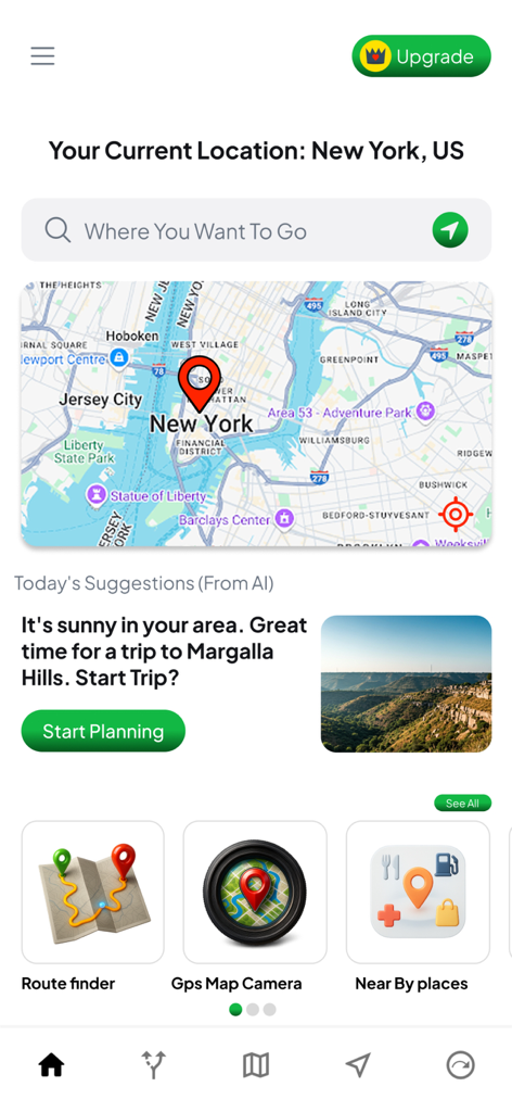 Pantalla principal de la aplicación Mapas GPS y Direcciones de Conducción con un mapa de Nueva York y sugerencias del planificador de viajes con IA.
