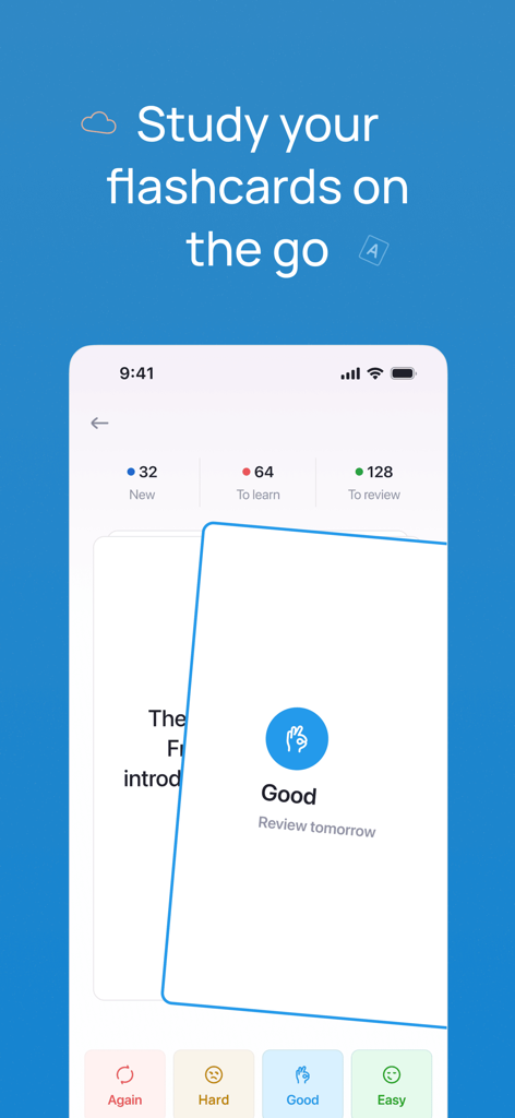 Interface do aplicativo móvel Studyflash mostrando uma sessão de revisão de flashcard com opções de feedback de repetição espaçada