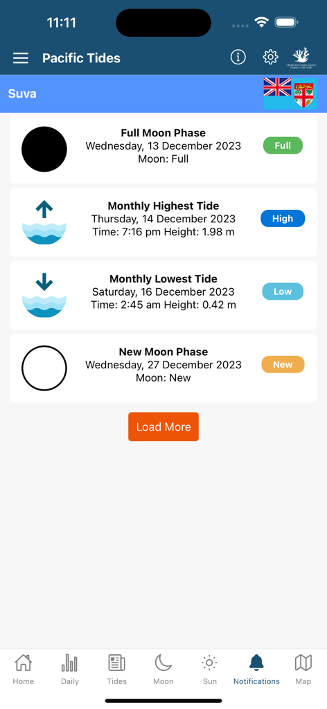 Pantalla de notificaciones de la aplicación Pacific Tides que muestra las fases lunares y los extremos de las mareas mensuales para Suva, Fiyi