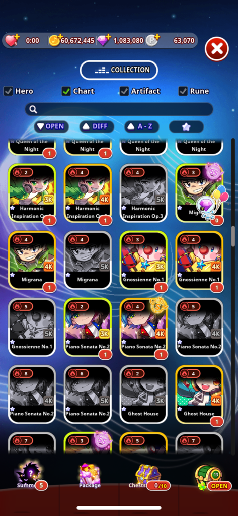 Hero collection screen in RhythmStar Music Adventure showing a grid of various character cards of legendary musicians