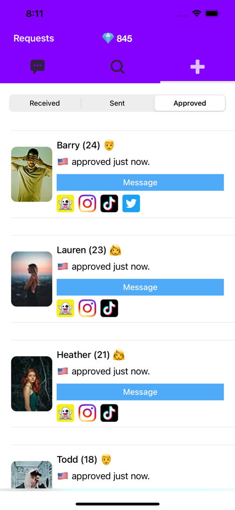 Wave - Friends, Dating & Chat - Approved user profiles with social media links on the Wave app