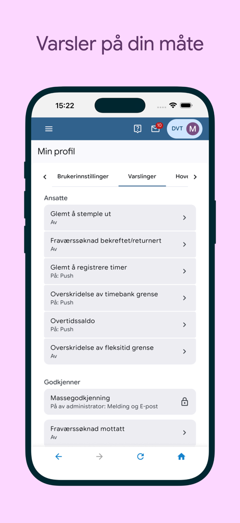Visma Tid Go - A smartphone screen showing the notification settings within the Visma Tid Go app, including options for clock-out reminders and absence request status.