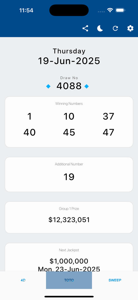 Mobile app interface displaying Singapore Toto winning numbers and prize information