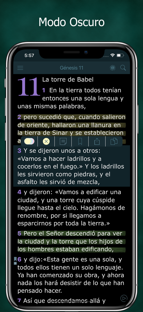 Mobile app screenshot of Biblia Cristiana en Español showing Genesis 11 in dark mode