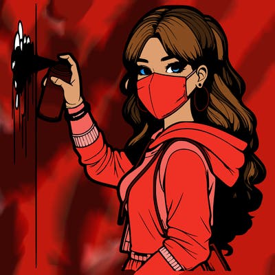 realistic girl with mask spray painting a wall