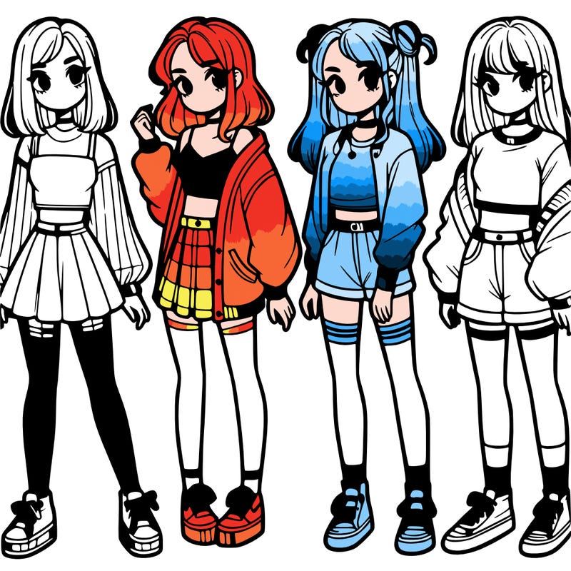 one girl with crop-top shirt and a jacket with a skirt, long socks and another girl with a shirt and pants with a jacket