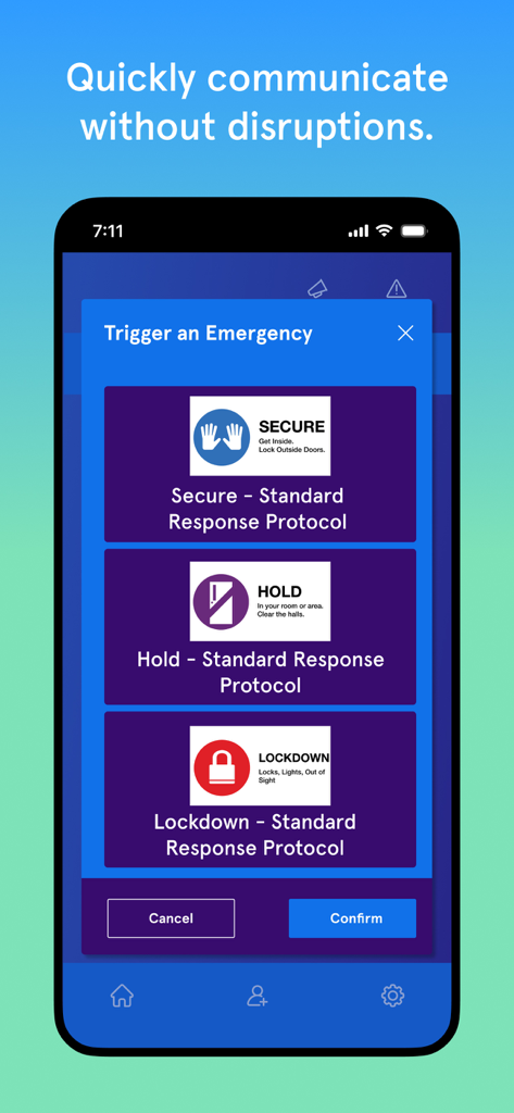 Vivi User App - Interface of the Vivi User App displaying emergency trigger options for school safety including Secure Hold and Lockdown protocols