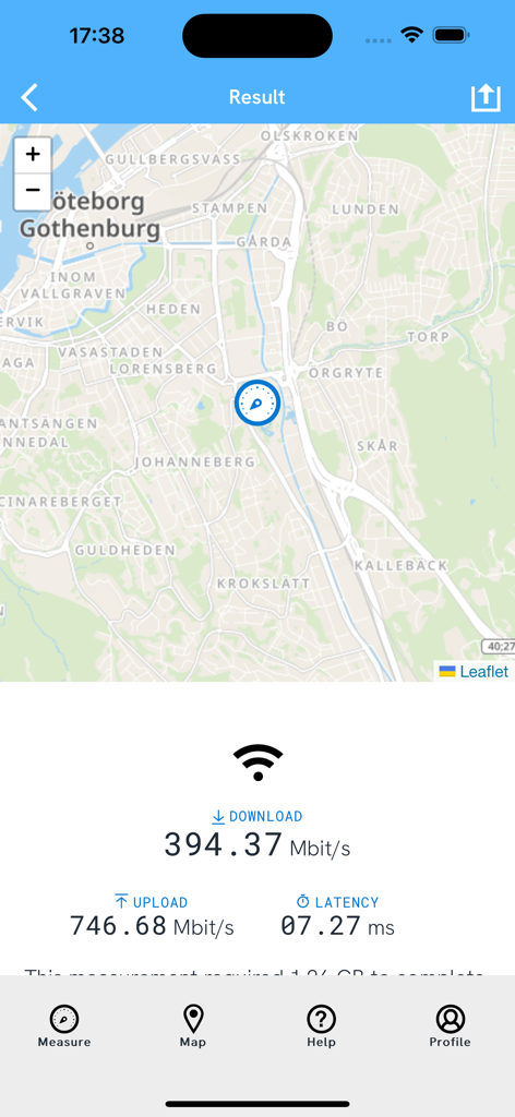 Bredbandskollen - Bredbandskollenアプリインターフェース、ヨーテボリの地図上にダウンロードとアップロード速度を示す速度テスト結果を表示