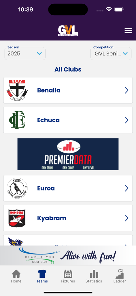 Goulburn Valley League - The All Clubs screen of the Goulburn Valley League app showing a list of participating sports teams