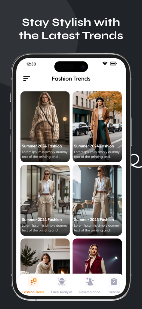 Style AI -Face shape detector - Una pantalla de aplicación móvil que muestra las últimas tendencias de moda e ideas de atuendos curados para la temporada de Verano 2024.