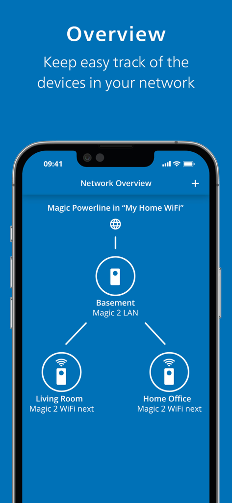 Una pantalla de smartphone que muestra la vista general de la red de la aplicación devolo Home Network con dispositivos etiquetados por habitación.