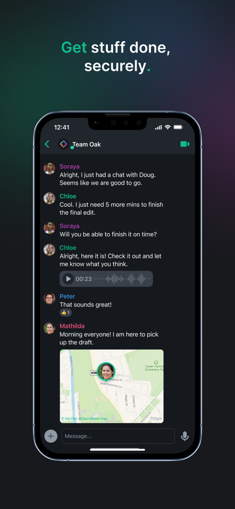 Interface de discussion de groupe sécurisée Element Classic avec messages texte et vocaux et partage de localisation
