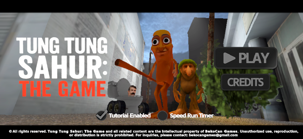 Main menu screen of Tung Tung Sahur The Game featuring brainrot meme characters and play button