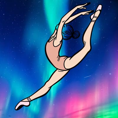 gymnast doing a leap in a leotard with a bent back leg