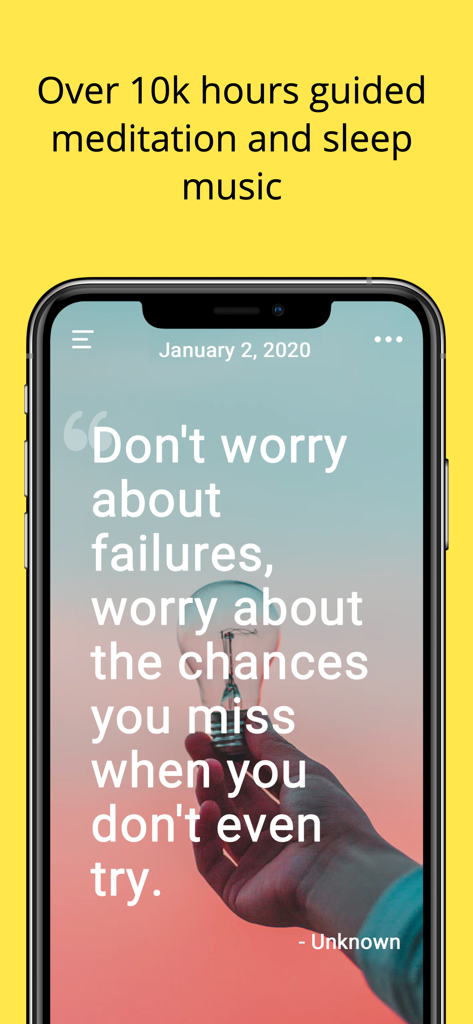 Spectrum Meditation - Spectrum Meditation의 모바일 화면으로, 전구 배경을 든 손에 영감을 주는 인용구가 표시됩니다.