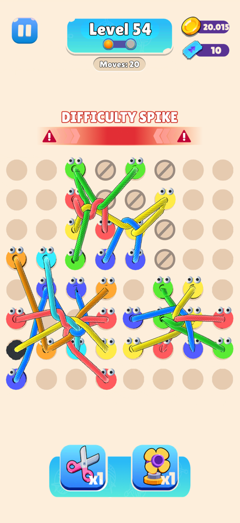Rope Tangle 3D - Puzzle Game - A 3D puzzle screen from Rope Tangle 3D showing colorful tangled ropes and octopus pins on a difficulty spike level.