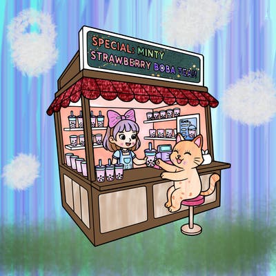 a boba shop with a boba serving the boba to a cat and the top of the building there is a sign that says special:minty strawberry boba tea!! and the boba serving is a girl wearing a bow