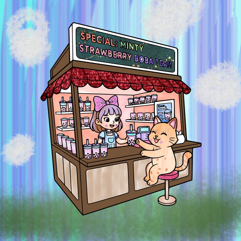 a boba shop with a boba serving the boba to a cat and the top of the building there is a sign that says special:minty strawberry boba tea!! and the boba serving is a girl wearing a bow