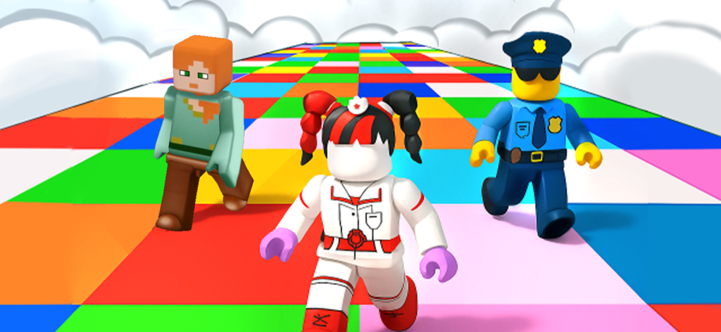 Prison Blox: Obby 3D Parkour - Personajes cuadriculados corriendo sobre una cuadrícula colorida en un juego de parkour 3D