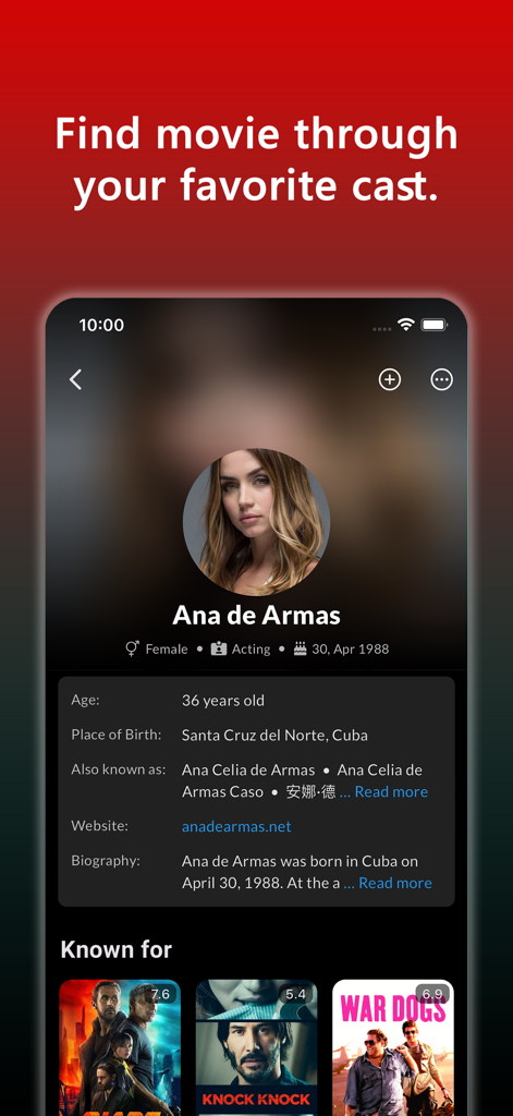 MerlMovie - MerlMovie app actor profile screen for Ana de Armas featuring biography and known movies