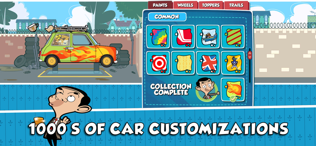 Menú de personalización del coche de Mr Bean con varias opciones de pintura para el Mini Cooper verde