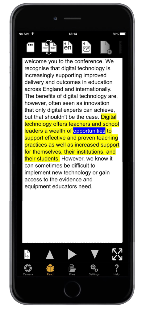 OneStep Reader - The OneStep Reader app interface displaying a text document with simultaneous word and sentence highlighting for accessibility.