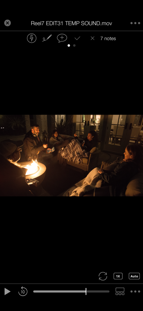 Interface of the PIX System app showing a video playback screen with professional markup and review tools for film production.