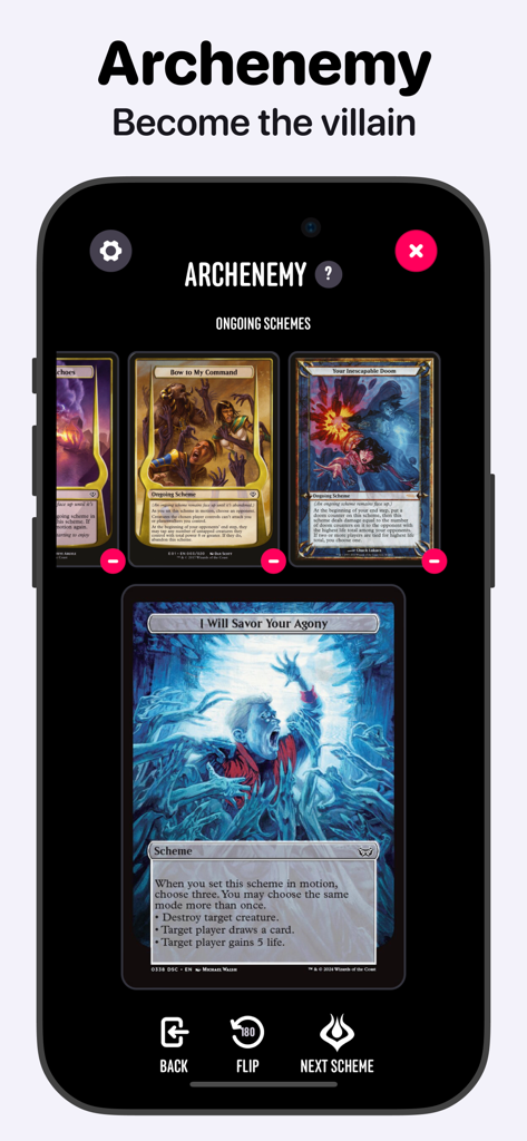 Lotus MTG コンパニオンアプリの Archenemy ゲームモードのインターフェース。アクティブな策略カードを表示しています