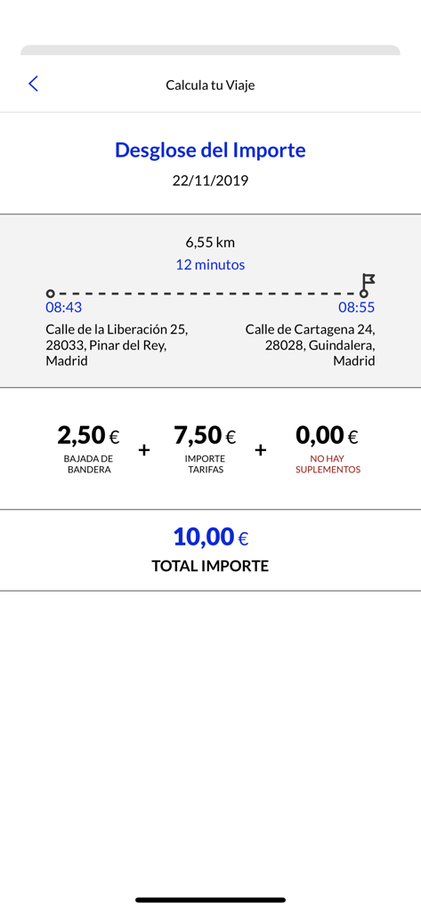 TxMad 앱의 화면으로, 마드리드 특정 여행에 대한 택시 요금의 상세 내역을 보여줍니다.