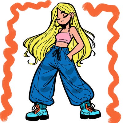 girl in baggy pants crop top and long hair