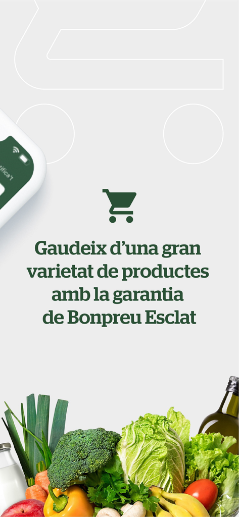 BonpreuEsclat - BonpreuEsclatアプリのプロモーション画面。ショッピングカートアイコン付きの新鮮な野菜と果物をフィーチャー