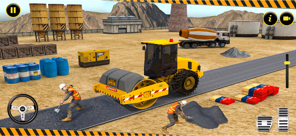 A yellow road roller flattening asphalt on a construction site with workers and a cement mixer