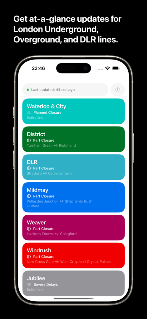 Interfaccia dell'app Lucid Underground che visualizza lo stato in tempo reale e le interruzioni per le linee di trasporto di Londra.