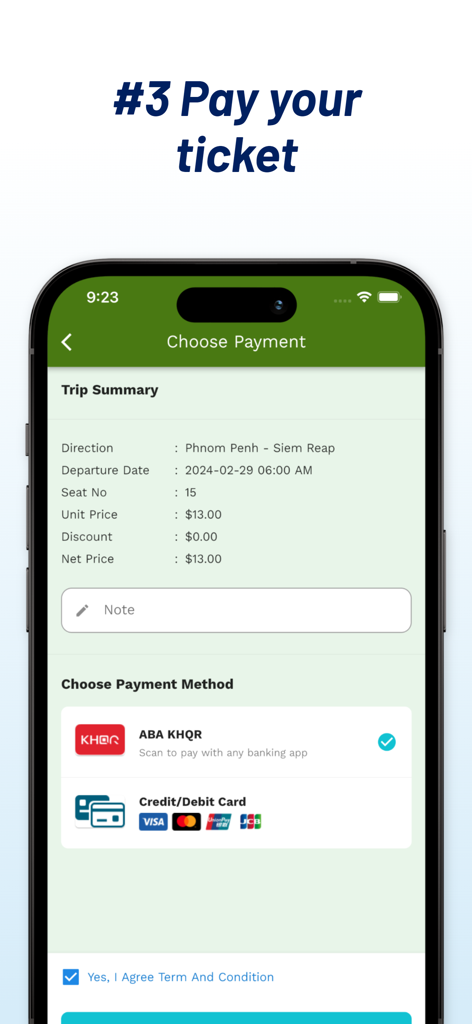 Larryta Bus - Larryta Bus app payment screen showing trip summary and credit card payment options.