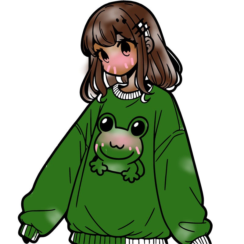 girl wearing frogging sweatshirt