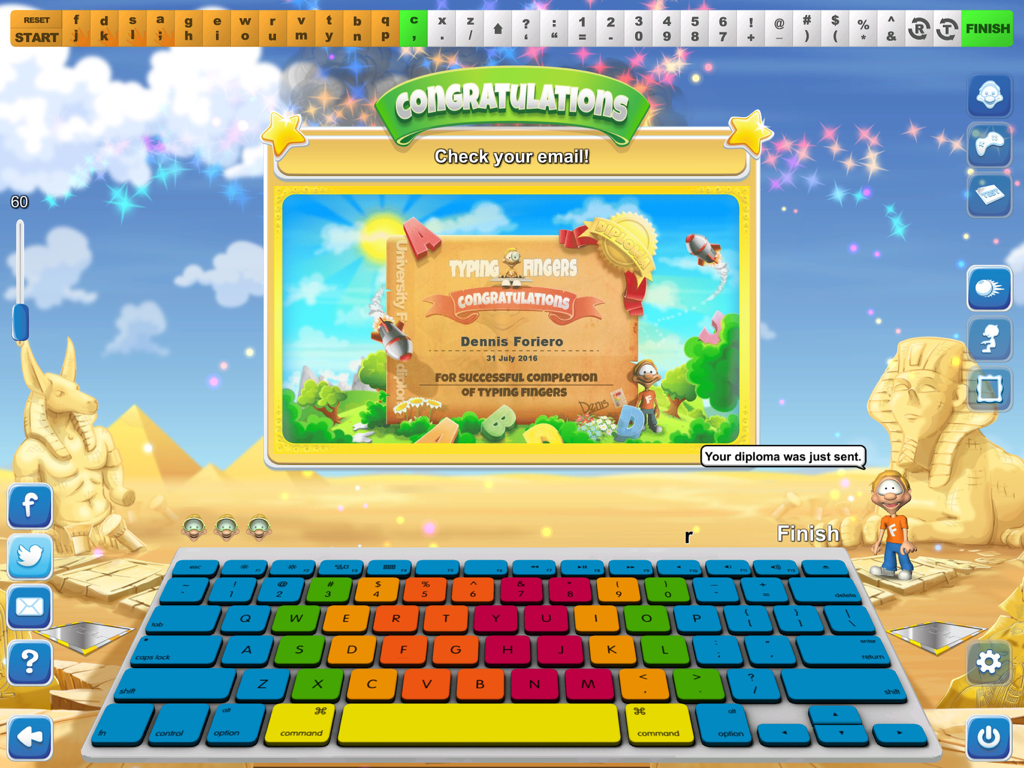 Typing Fingers - Typing Fingers app congratulations screen showing a personalized student diploma and a colorful keyboard