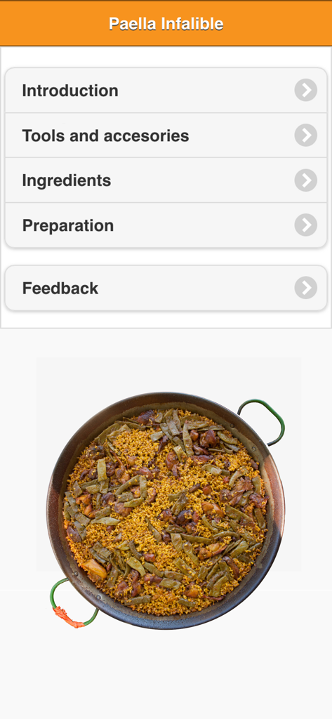 Paella Infalible - Home screen of the Paella Infalible app featuring recipe categories and a photo of a traditional Valencian paella