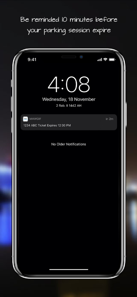 Mawgif app parking session expiration notification on a smartphone lock screen