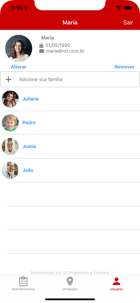 Laboratório Clementino Fraga - Tela de perfil do usuário no aplicativo Laboratório Clementino Fraga mostrando uma lista de membros da família para gerenciamento de registros médicos.