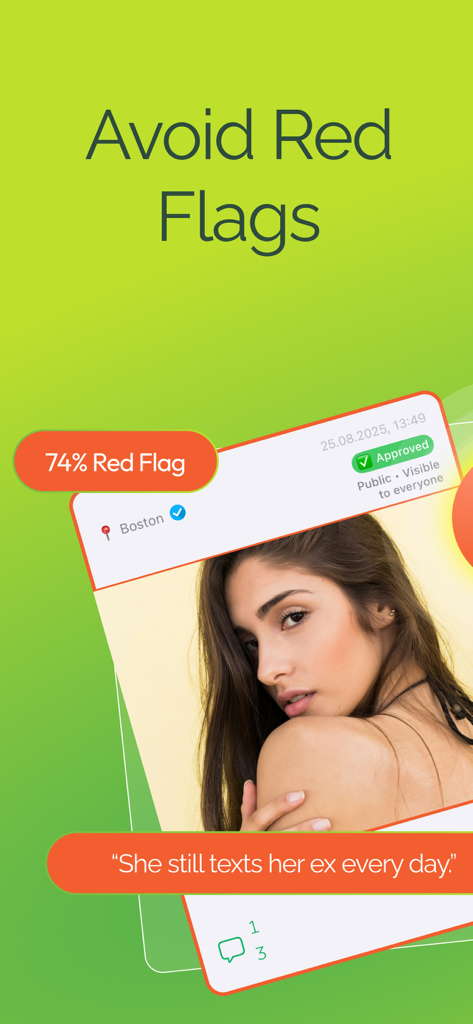 Matcha dating advice app interface showing a 74 percent red flag score for a profile with the warning she still texts her ex every day.