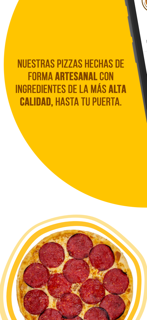 Pizzas Plaza - Anuncio promocional de la aplicación Pizzas Plaza con una pizza de pepperoni y texto sobre calidad artesanal y entrega a domicilio.